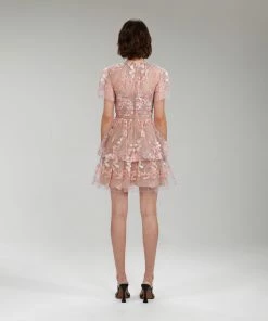 Self-portrait Flower Mesh Tiered Mini Dress