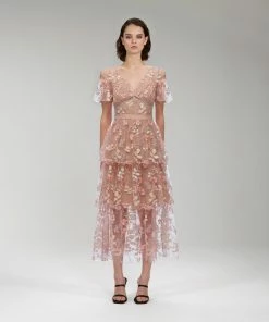 Self-portrait Flower Mesh Tiered Midi Dress READY TO WEAR