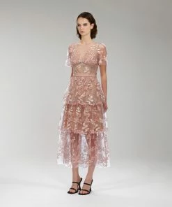 Self-portrait Flower Mesh Tiered Midi Dress READY TO WEAR