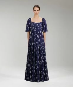 Self-portrait Pansy Print Pleated Chiffon Maxi Dress