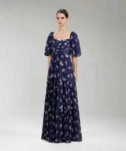 Self-portrait Pansy Print Pleated Chiffon Maxi Dress