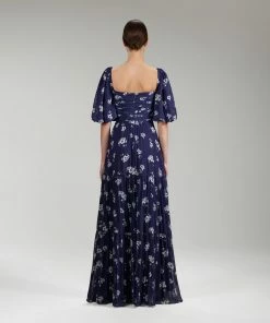 Self-portrait Pansy Print Pleated Chiffon Maxi Dress