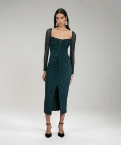 Self-portrait Dark Green Powermesh Ruched Midi Dress NEW ARRIVALS