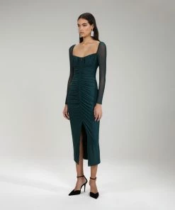 Self-portrait Dark Green Powermesh Ruched Midi Dress NEW ARRIVALS