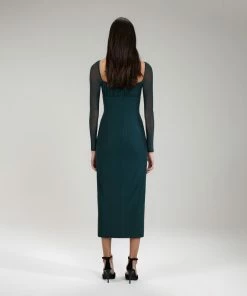 Self-portrait Dark Green Powermesh Ruched Midi Dress NEW ARRIVALS
