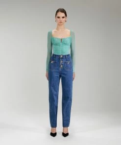 Self-portrait Green Powermesh Ruched Top