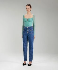 Self-portrait Green Powermesh Ruched Top