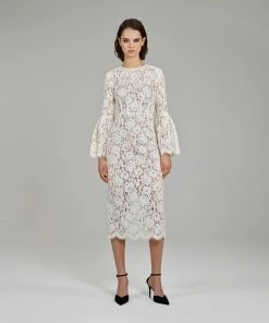 Self-portrait READY TO WEAR Ivory Cotton Lace Midi Dress