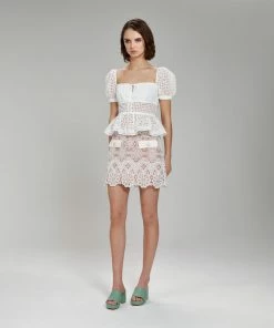 Self-portrait Cotton Broderie Peplum Top