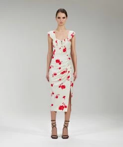 Self-portrait Wild Daisy Print Stretch Crepe Midi Dress READY TO WEAR