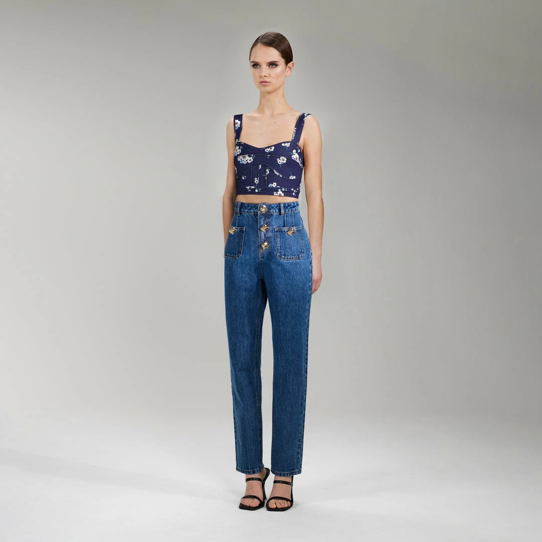 Self-portrait Pansy Print Crepe Crop Top NEW ARRIVALS