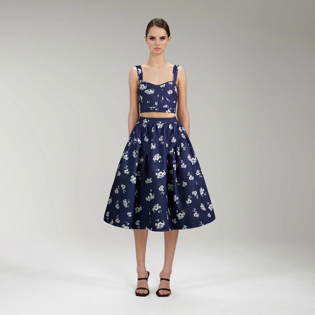 Self-portrait Pansy Print Crepe Midi Skirt NEW ARRIVALS