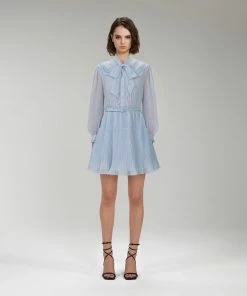 Self-portrait NEW ARRIVALS Blue Broderie Collar Chiffon Mini Dress