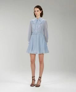 Self-portrait NEW ARRIVALS Blue Broderie Collar Chiffon Mini Dress