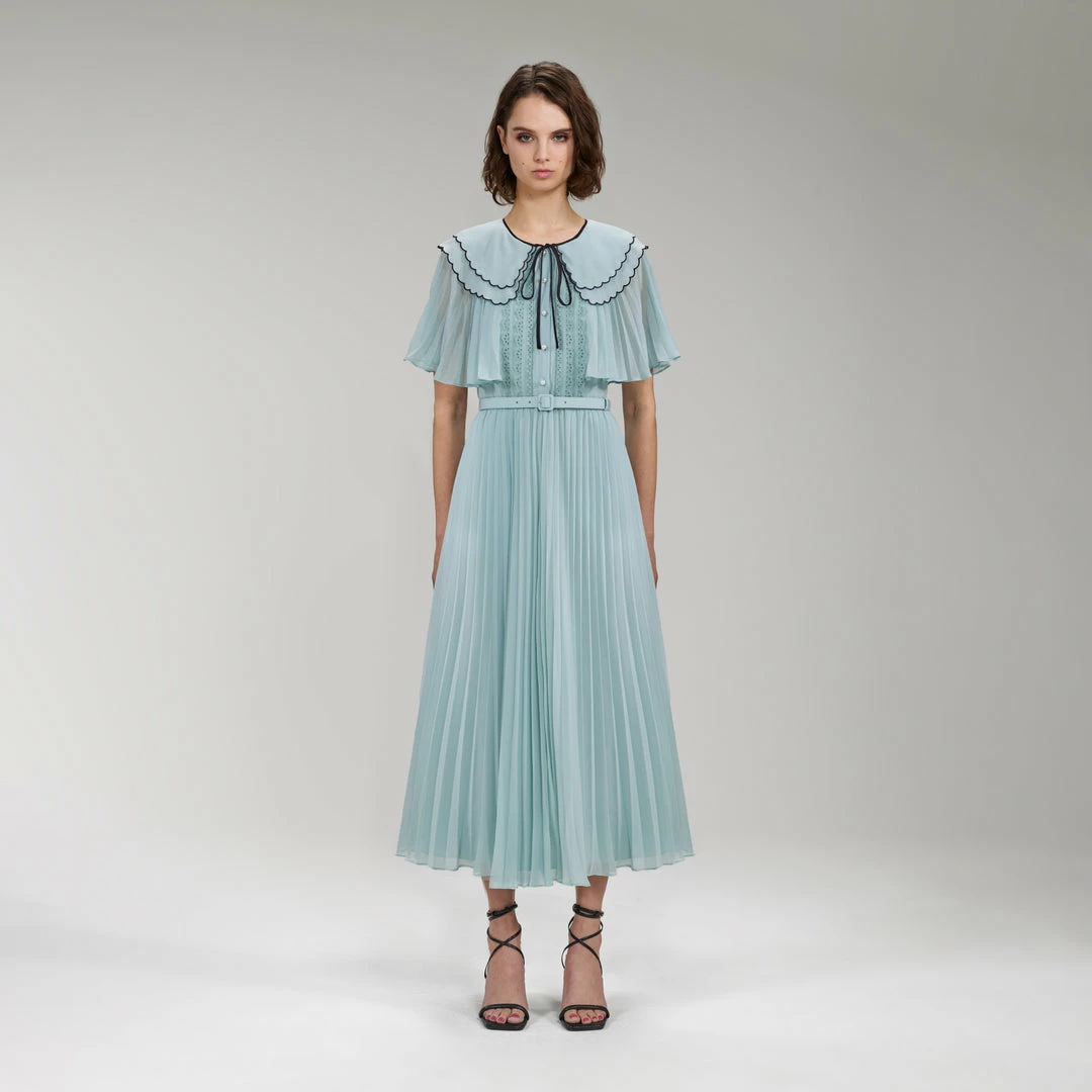 Self-portrait READY TO WEAR Light Blue Chiffon Scallop Collar Midi Dress