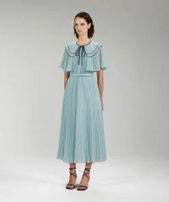 Self-portrait READY TO WEAR Light Blue Chiffon Scallop Collar Midi Dress
