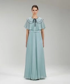 Self-portrait READY TO WEAR Green Chiffon Scallop Collar Maxi Dress