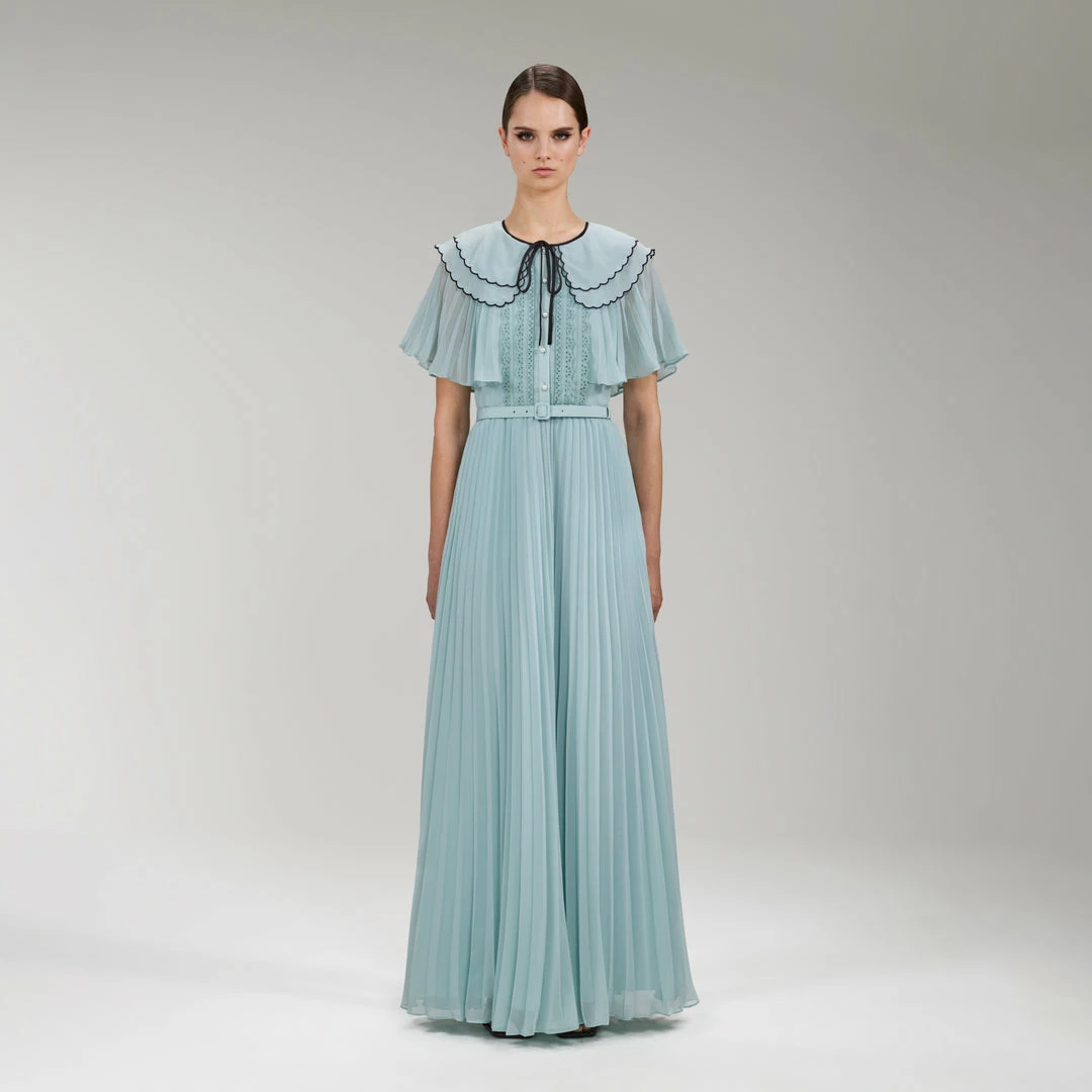 Self-portrait READY TO WEAR Green Chiffon Scallop Collar Maxi Dress