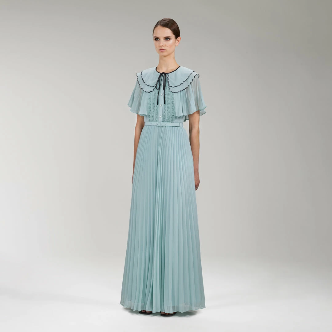 Self-portrait READY TO WEAR Green Chiffon Scallop Collar Maxi Dress