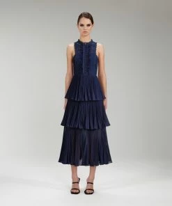 Self-portrait READY TO WEAR Navy Broderie & Chiffon Tiered Midi Dress