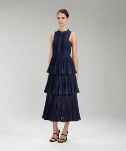Self-portrait READY TO WEAR Navy Broderie & Chiffon Tiered Midi Dress