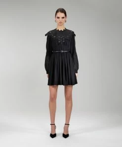 Self-portrait NEW ARRIVALS Black Guipure Lace Bib Mini Dress