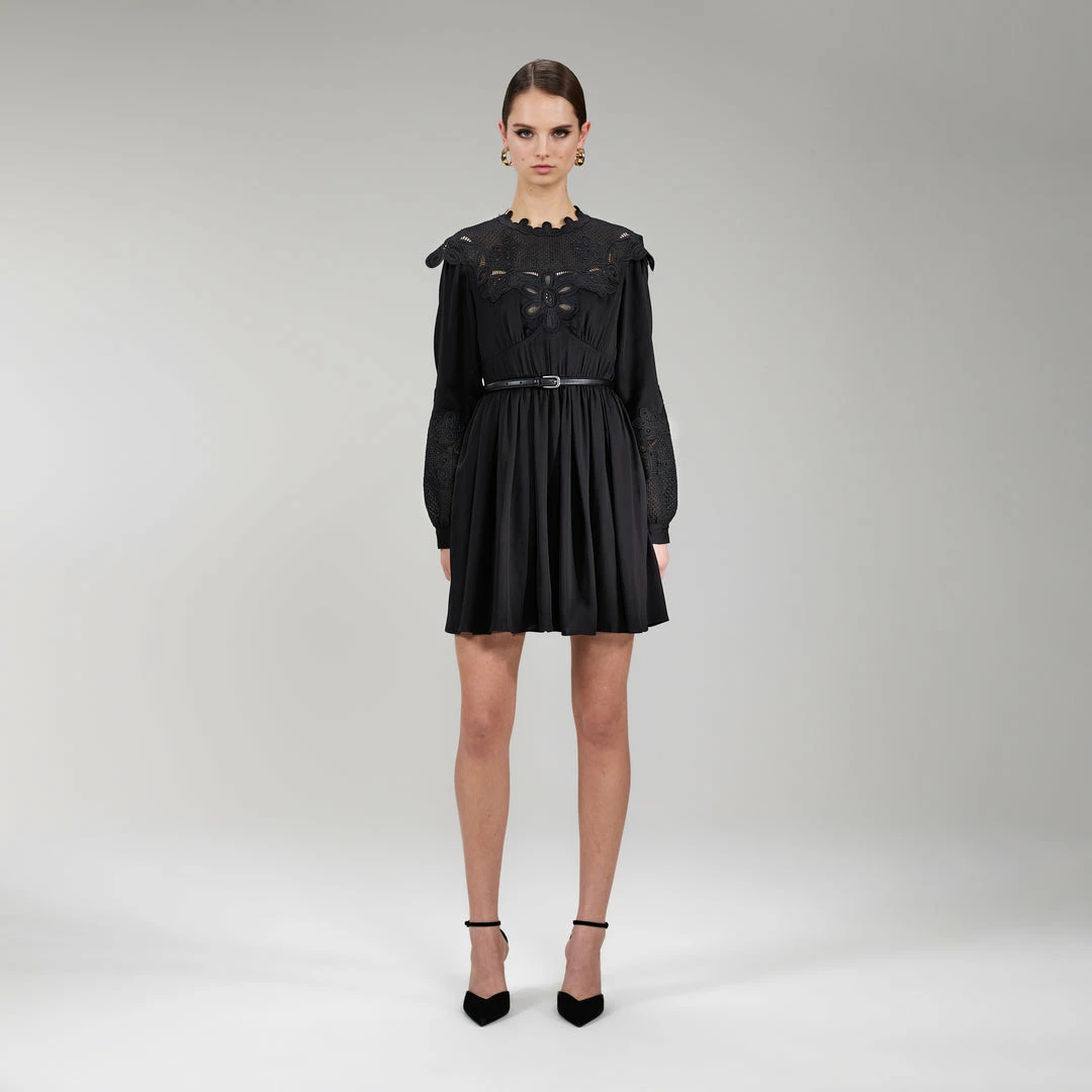 Self-portrait NEW ARRIVALS Black Guipure Lace Bib Mini Dress