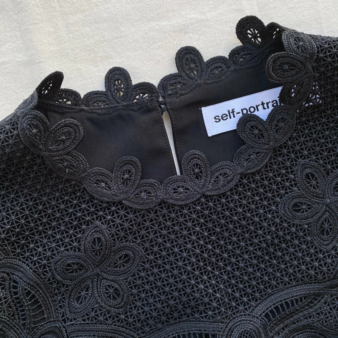 Self-portrait NEW ARRIVALS Black Guipure Lace Bib Mini Dress