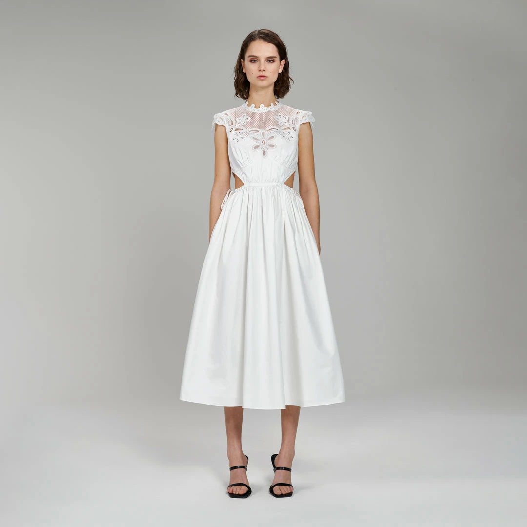 Self-portrait White Cotton Guipure Bib Midi Dress