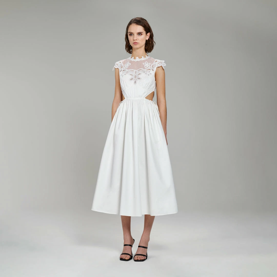 Self-portrait White Cotton Guipure Bib Midi Dress