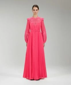 Self-portrait Pink Chiffon Guipure Lace Bib Maxi Dress