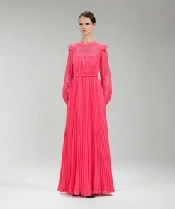 Self-portrait Pink Chiffon Guipure Lace Bib Maxi Dress