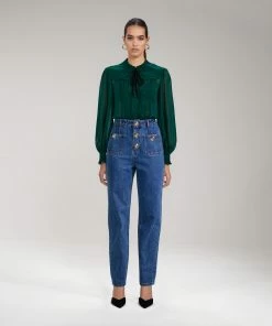 Self-portrait Dark Green Broderie Collar Chiffon Blouse