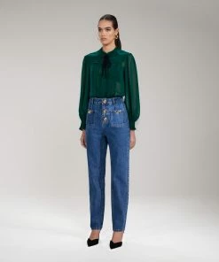 Self-portrait Dark Green Broderie Collar Chiffon Blouse