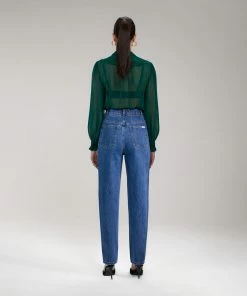 Self-portrait Dark Green Broderie Collar Chiffon Blouse