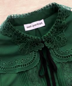 Self-portrait Dark Green Broderie Collar Chiffon Blouse