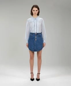 Self-portrait READY TO WEAR Light Blue Broderie Collar Chiffon Blouse