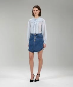 Self-portrait READY TO WEAR Light Blue Broderie Collar Chiffon Blouse