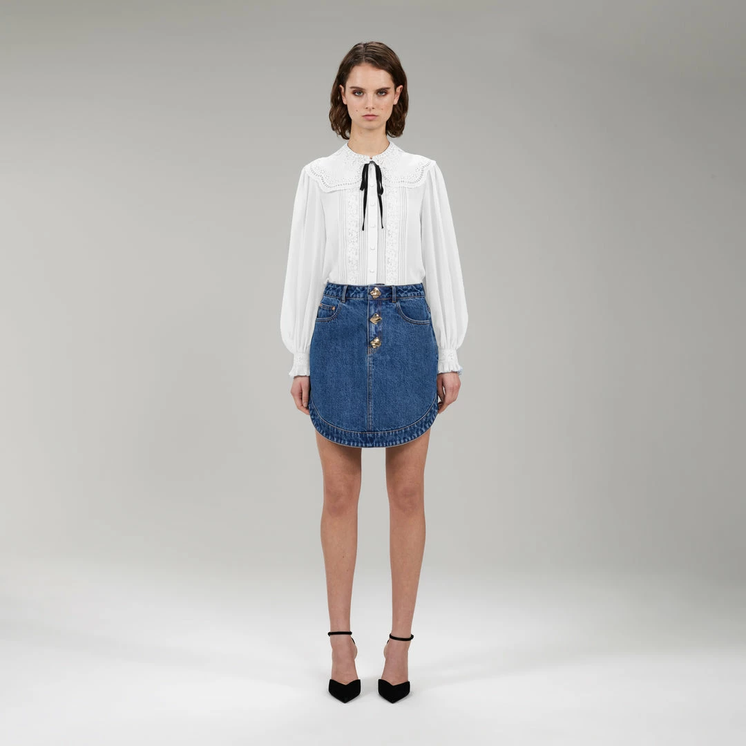 Self-portrait White Broderie Collar Chiffon Blouse READY TO WEAR