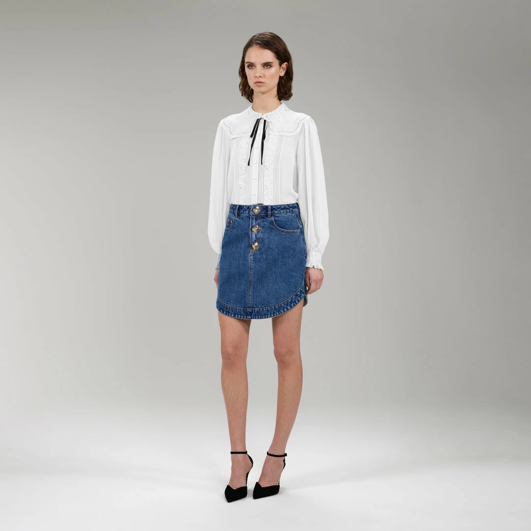 Self-portrait White Broderie Collar Chiffon Blouse READY TO WEAR