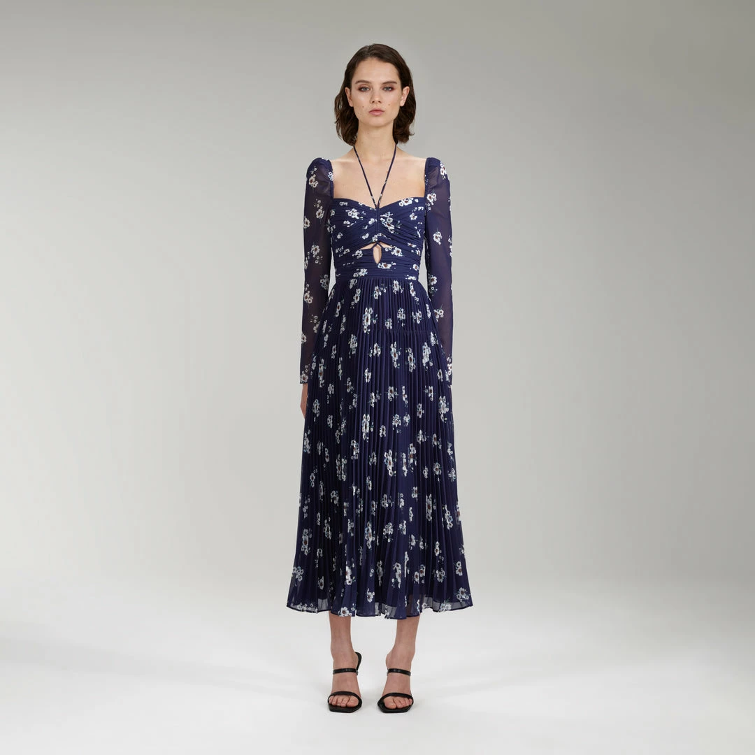 Self-portrait READY TO WEAR Pansy Print Chiffon Cut Out Midi Dress