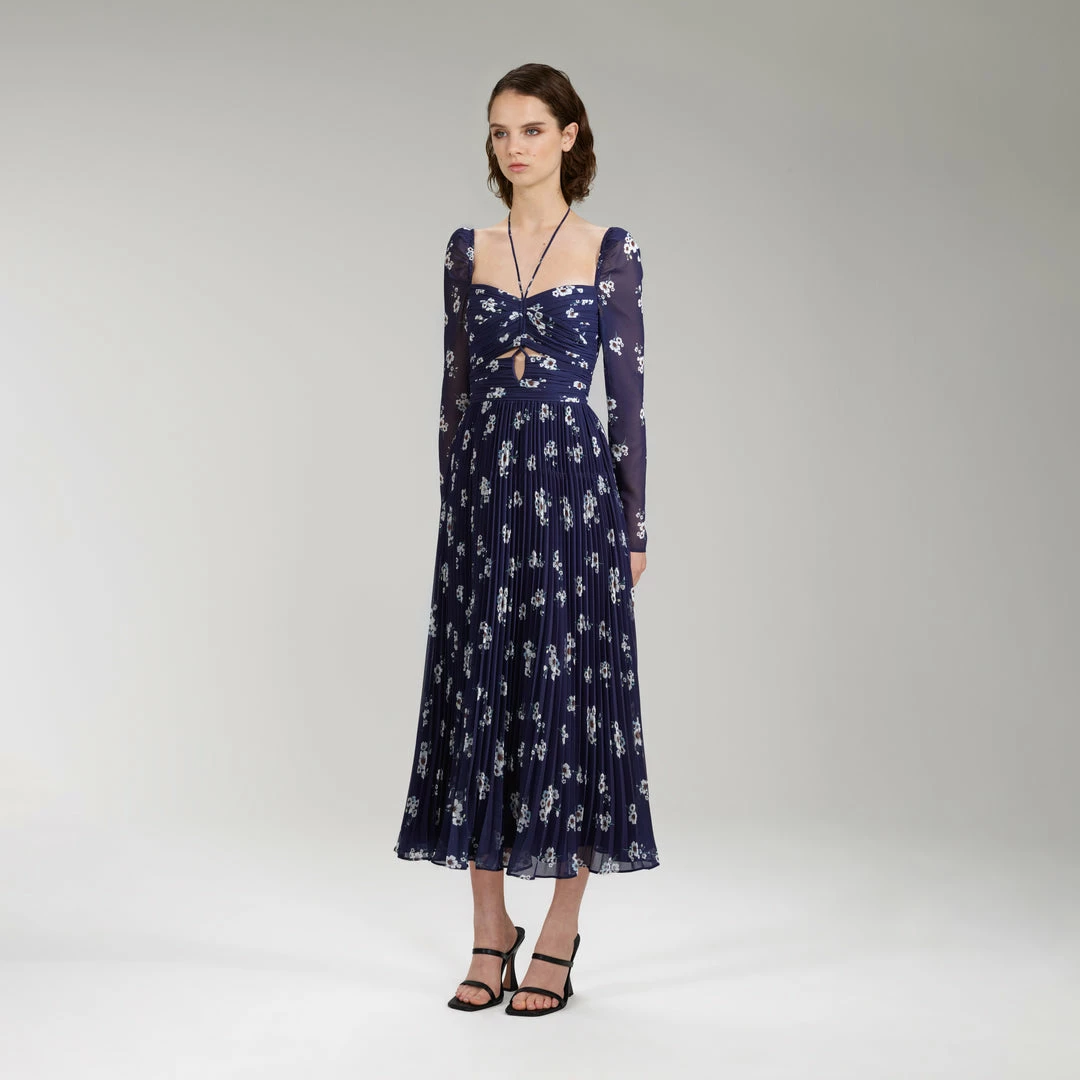 Self-portrait READY TO WEAR Pansy Print Chiffon Cut Out Midi Dress