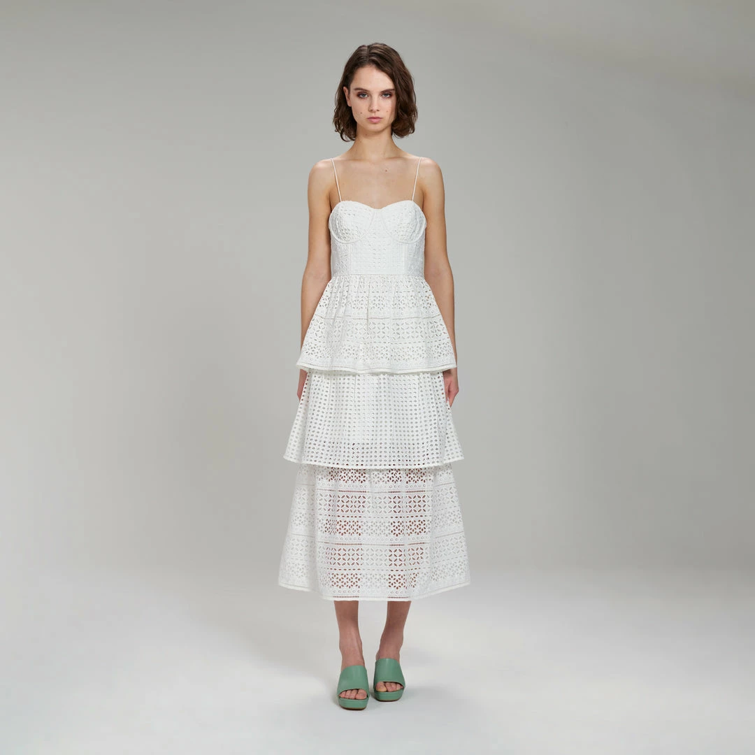 Self-portrait White Cotton Broderie Anglaise Midi Dress READY TO WEAR