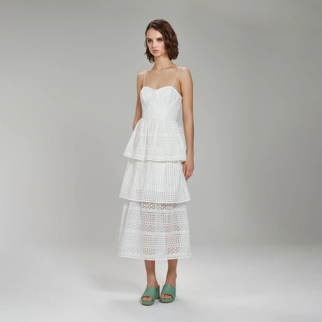 Self-portrait White Cotton Broderie Anglaise Midi Dress READY TO WEAR
