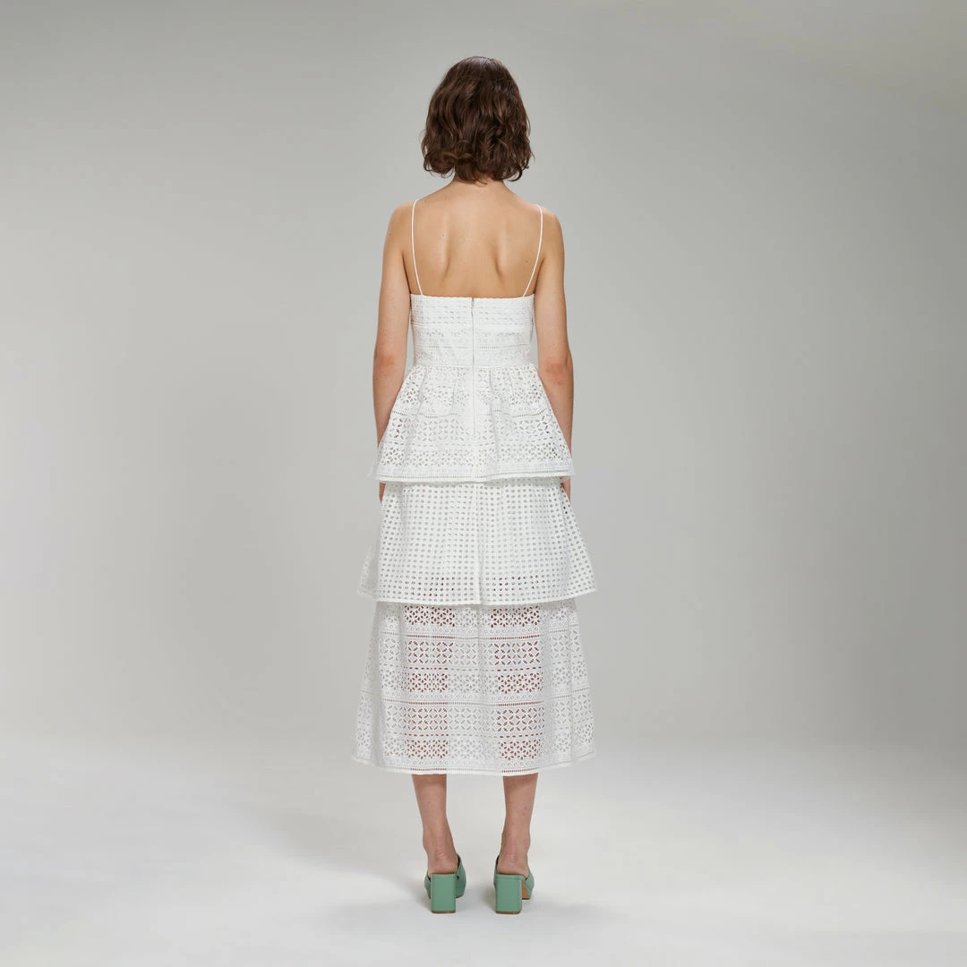 Self-portrait White Cotton Broderie Anglaise Midi Dress READY TO WEAR