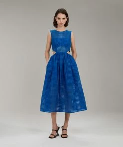 Self-portrait Bright Blue Cotton Broderie Anglaise Midi Dress NEW ARRIVALS