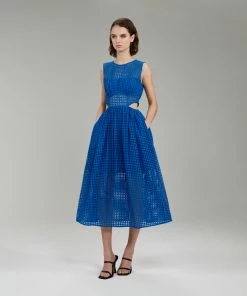 Self-portrait Bright Blue Cotton Broderie Anglaise Midi Dress NEW ARRIVALS