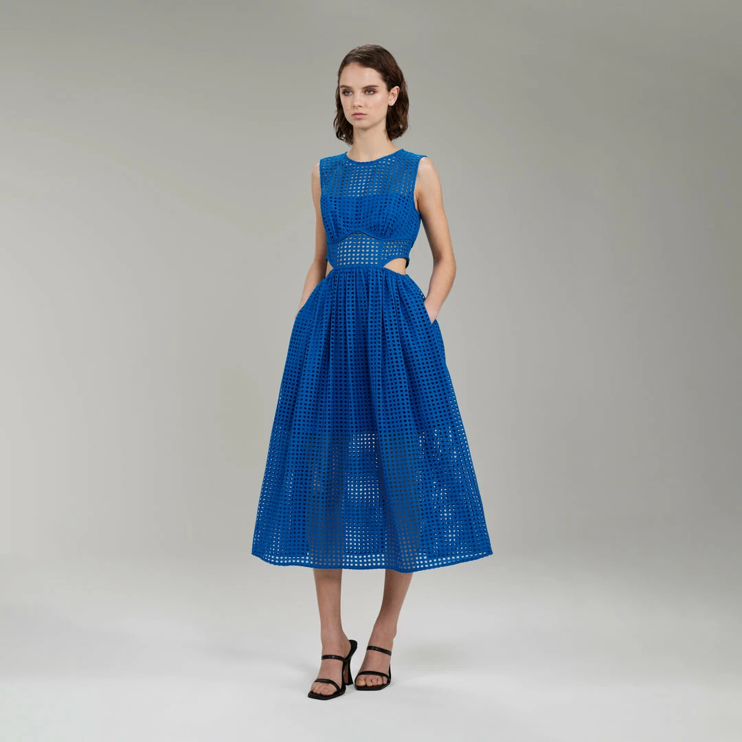 Self-portrait Bright Blue Cotton Broderie Anglaise Midi Dress NEW ARRIVALS