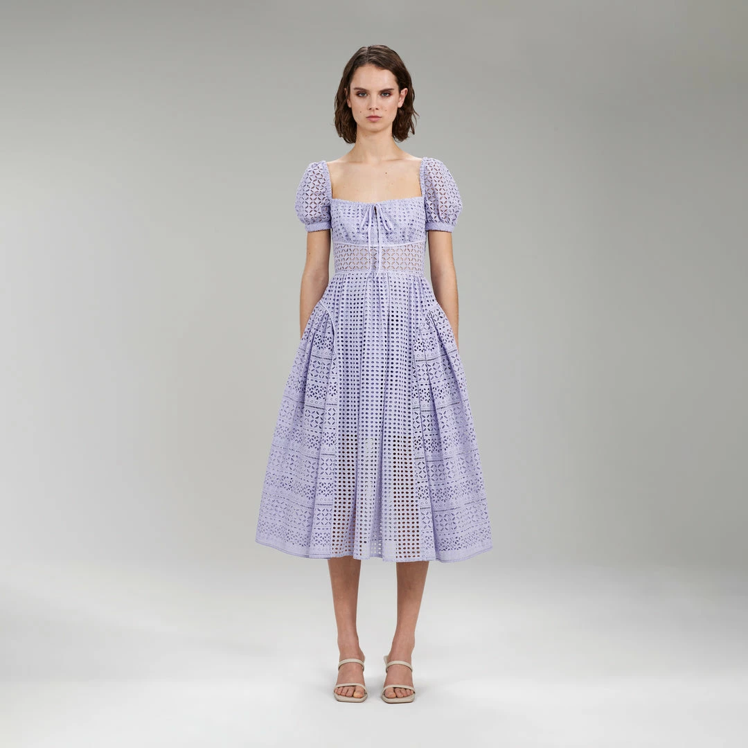 Self-portrait Lilac Cotton Broderie Anglaise Midi Dress READY TO WEAR