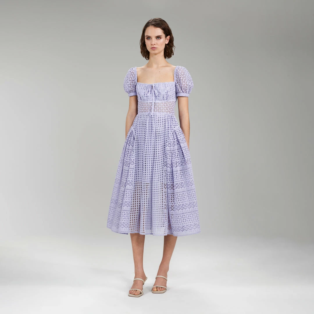 Self-portrait Lilac Cotton Broderie Anglaise Midi Dress READY TO WEAR